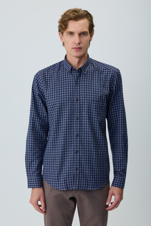 Erkek Lacivert Trend Kareli Dynamic Fit Gömlek