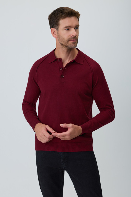 Erkek Bordo Trend Polo Yaka Reglan Kol Triko Kazak