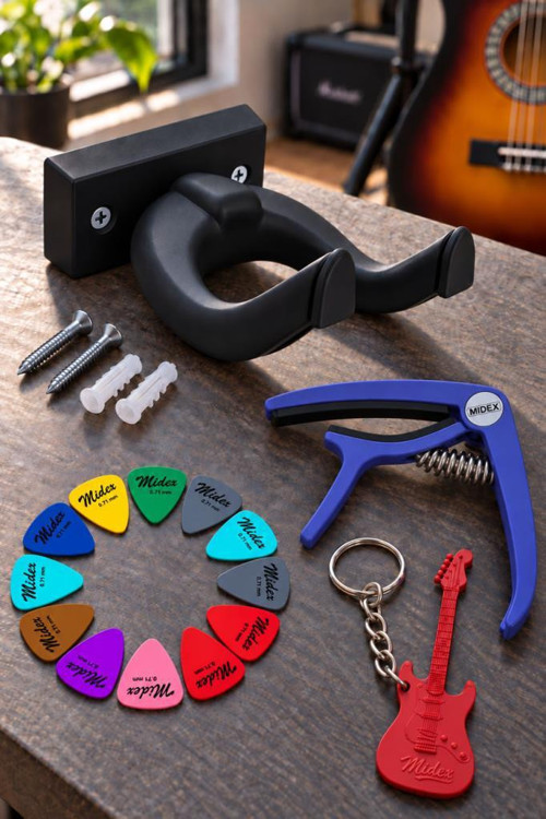 GDS-666BK Siyah Gitar Duvar Askısı Mor Kapo (Capo) ve 12'li Pena Seti