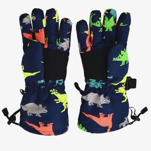 Su Geçirmez Erkek Çocuk İçi Kürklü Sıcacık Kayak Snowboard Eldiven Lacivert Üstü Renkli Dino 5-10 Yaş