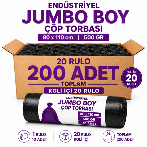 Endüstriyel Jumbo Boy Çöp Torbası 80X110 cm 500 gr Extra Kalın Bahçe Atıkları Ağır Atık Çöp Poşeti 200 Adet