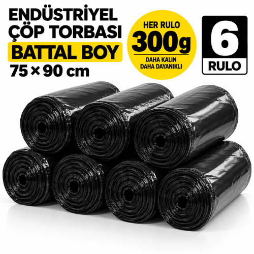 Battal Boy Çöp Torbası 75X90 cm 300 gr Siyah Kalın Endüstriyel Çöp Poşeti 6 Rulo 60 Adet