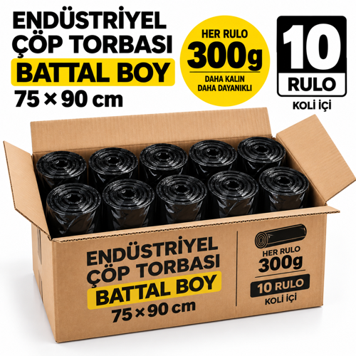 Battal Boy Çöp Torbası 75X90 cm 300 gr 10 Rulo 100 Adet | Endüstriyel Kalın Çöp Poşeti