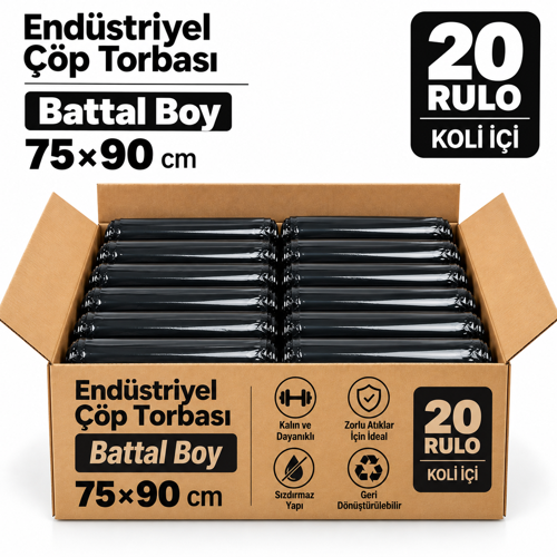 Endüstriyel Battal Boy Çöp Torbası 75X90 cm 300 gr Siyah Çöp Poşeti 20 Rulo 200 Adet