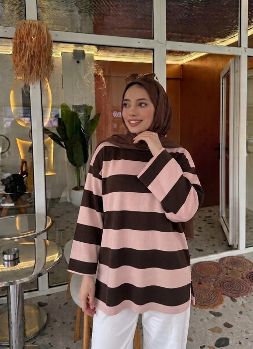 Çizgili Yanı Yırtmaçlı Rahat Kalıp Tunik Bluz Açık Pembe