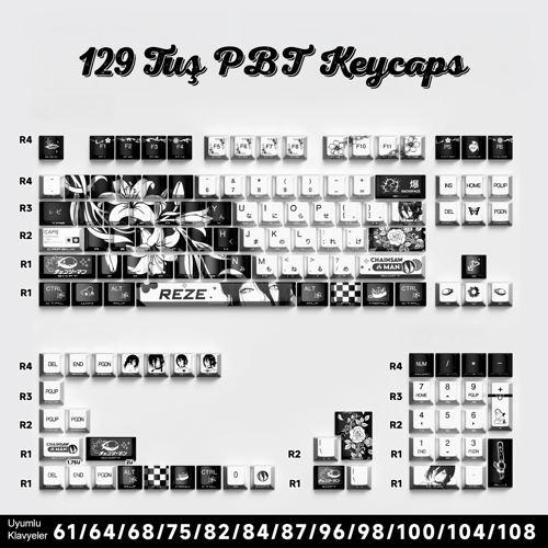 129 Tuş Yan Baskılı Yarı Saydam Pbt Süblimasyon Mekanik Klavye Tuşları Klavye Keycaps