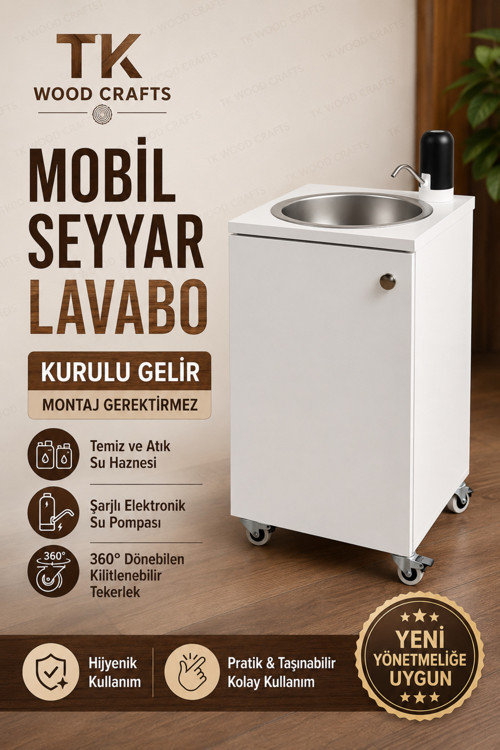 Premium Mobil Seyyar Lavabo Yeni Yönetmeliğe Uygun Tekerlekli Şarjlı Musluklu