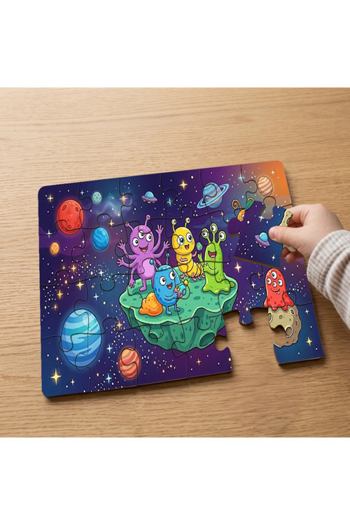 Uzayda Mutlu Canavarlar Tasarımlı 24 Parça Ahşap Çocuk Puzzle