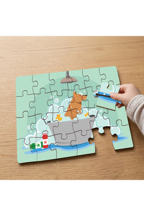Banyoda Sevimli Köpek Tasarımlı 24 Parça Ahşap Çocuk Puzzle MPK0019