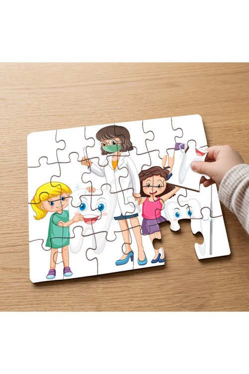 Dişçi - Dentist - Mutlu Çocuklar Tasarımlı 24 Parça Ahşap Çocuk Puzzle MPK0735