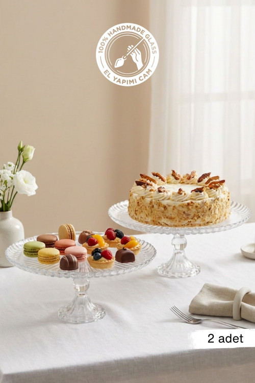 Selen Concept Damla Model Ayaklı Cam Yuvarlak Kek ve Pasta Sunumluk 2'li Set
