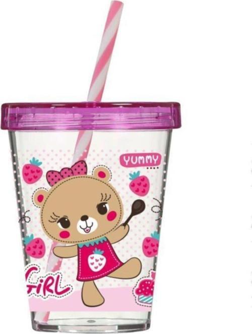 450 Cc Süslü Pipetli Bardak-Desenli-Pembe Ayıcık