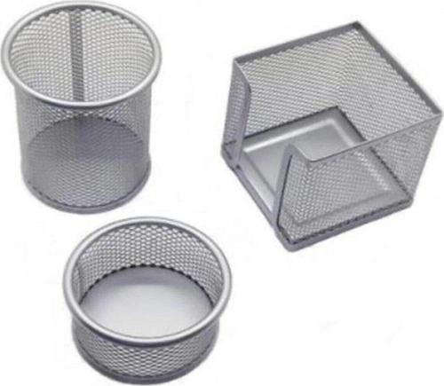 Masa Seti Ataşlık-Kağıtlık-Kalemlik 3 Lü Metal Perforeli Silver Gümüş Renk Masa Seti