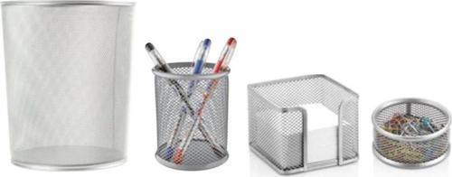 Metal Set 4 Lü Metal Ofis Seti Çöp Kovası Kalemlik Küp Notluk ve Ataçlık Gri