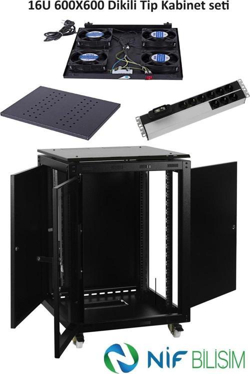 16U 600X600 Dikili Tip Kabinet seti Tekerlek Takımı 4lü Fan 9lu Priz Sabit Raf Dahil Set