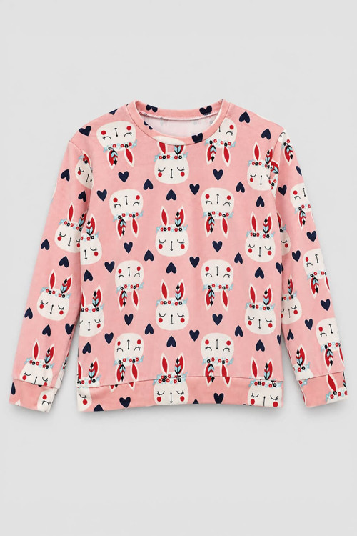 Kız Çocuk Tavşan Desenli Yumuşak Kadife Dokulu Pembe Pijama Üstü