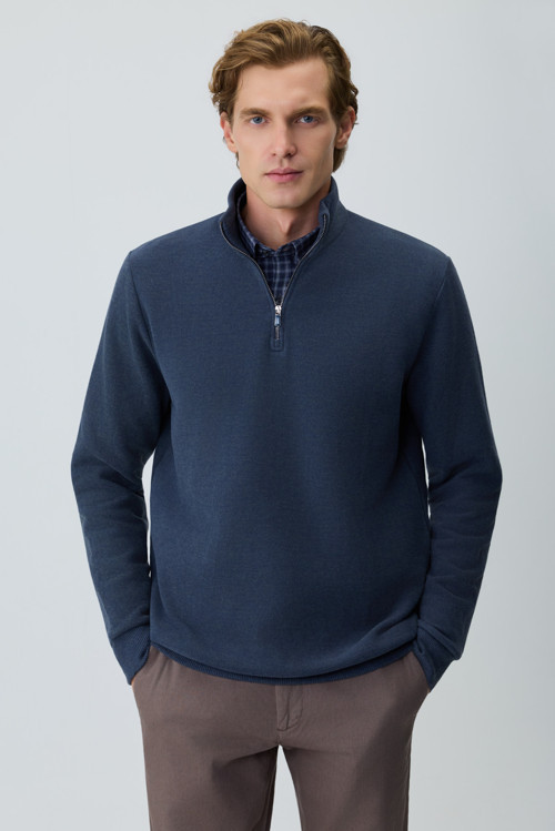 Erkek Lacivert Fermuarlı Bato Yaka Dynamic Fit Sweatshirt
