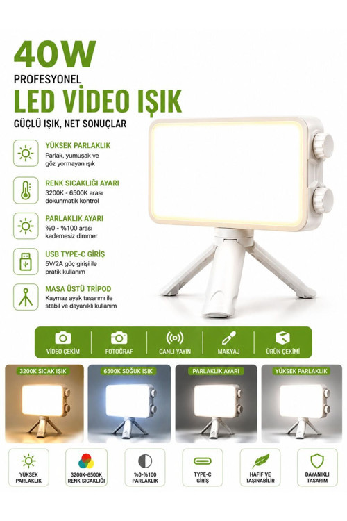 LE-042 40W Profesyonel LED Çekim Işığı 3 Işık Tonu Ayarlı Tripodlu Kamera Uyumlu Kompakt Güçlü