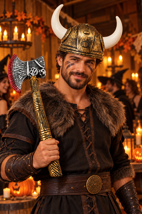 Halloween Cadılar Bayramı Viking Savaşçı Kostüm Seti Kanlı Balta ve Çift Boynuzlu Gold Miğfer