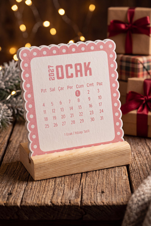 Ahşap Standlı Dalgalı Kesim Pembe Puantiyeli 2027 Masaüstü Takvimi 8,5x9,5 Cm - Estetik Yeni Yıl Hediyesi Çok Renkli