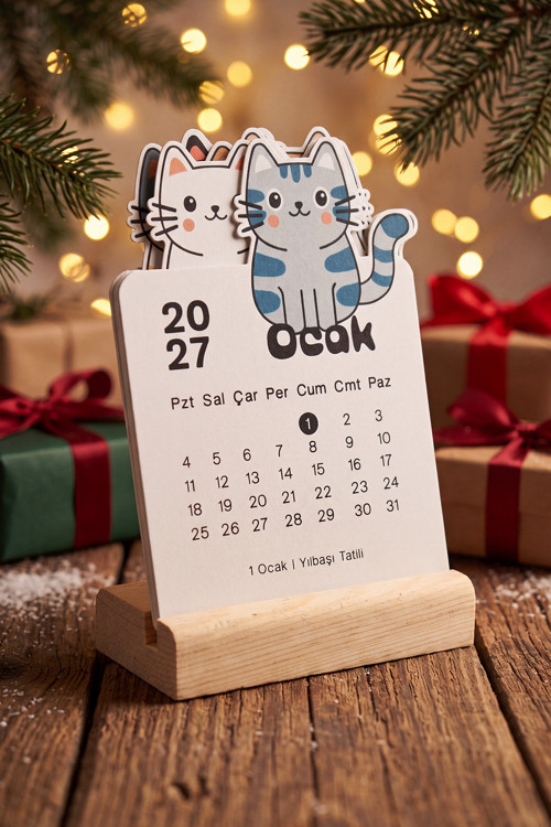 Ahşap Standlı Özel Kesim Sevimli Kediler Tasarımlı 2027 Masaüstü Takvimi 8,5x12 Cm - Yeni Yıl Hediyesi Çok Renkli
