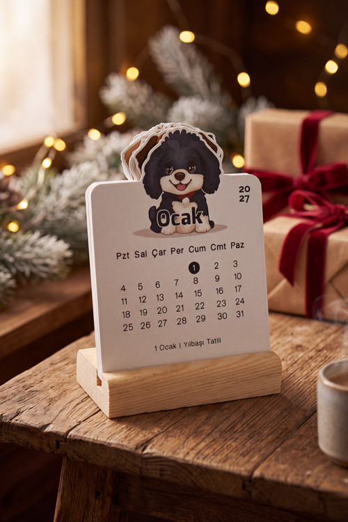 Ahşap Standlı Özel Kesim Siyah Köpek Tasarımlı 2027 Masaüstü Takvimi 8,5x12 Cm - Sevimli Yeni Yıl Hediyesi Çok Renkli