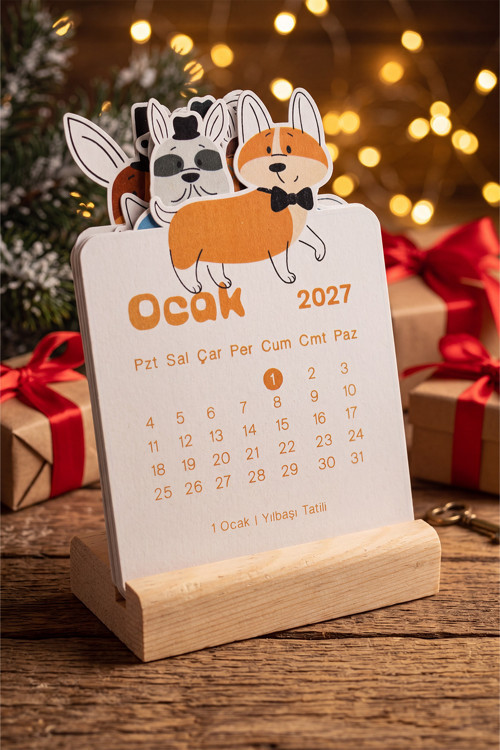 Ahşap Standlı Özel Kesim Papyonlu Corgi Tasarımlı 2027 Masaüstü Takvimi 8,5x12 Cm - Eğlenceli Yeni Yıl Hediyesi Çok Renkli