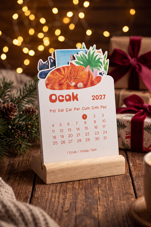 Ahşap Standlı Özel Kesim Kedi Tasarımlı 2027 Masaüstü Takvimi 8,5x12 Cm Çok Renkli