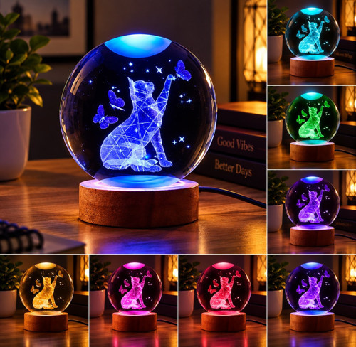Kişiye Özel Işıklı Ahşap Kaideli Sevimli Kedi Figürlü Temalı Cam Küre 8cm