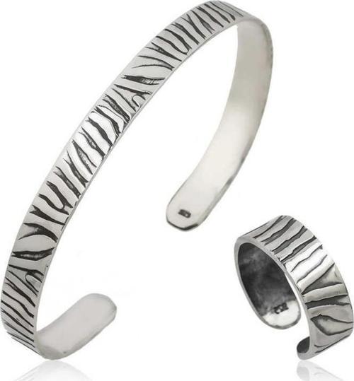 925 Ayar Gümüş Zebra Desenli Bileklik Ve Yüzük Set