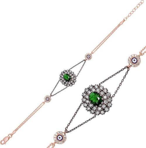925 Ayar Gümüş Rose Yeşil Taşlı Otantik Bileklik