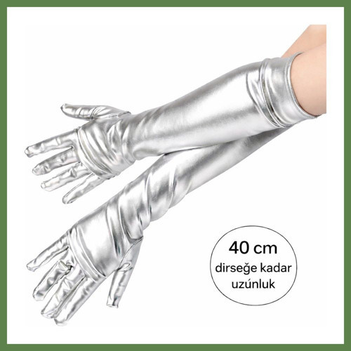 HOBİBAHÇEM Gümüş Renk Dirsek Altı Lüks Saten Eldiven 40 cm HB006