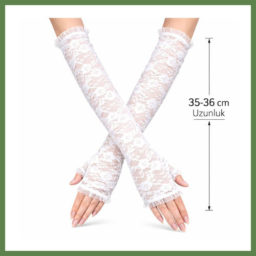 HOBİBAHÇEM Uzun Zarif Dantel Eldiven Parmaksız Beyaz 35 cm HB006