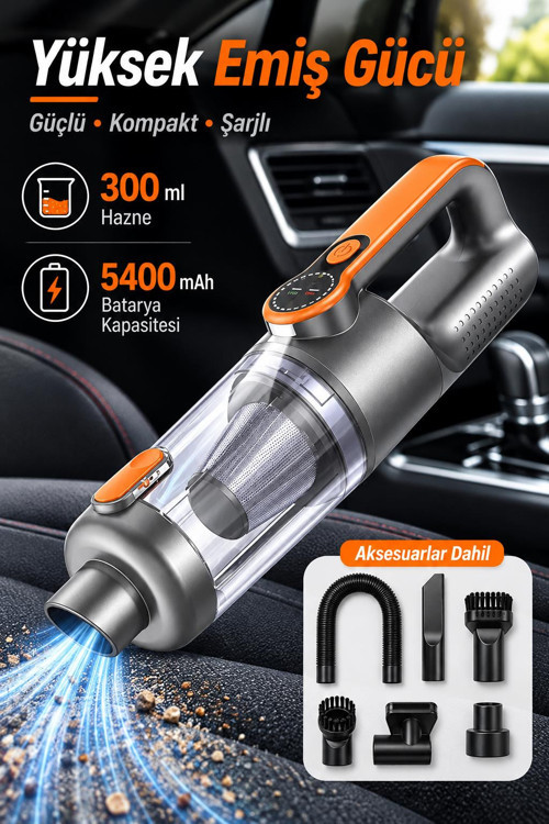 Kablosuz Araç Süpürgesi Vakum ve Üfleme 2in1 Metal Filtreli 300 ml Hazneli 5400 mAh Şarjlı Süpürge