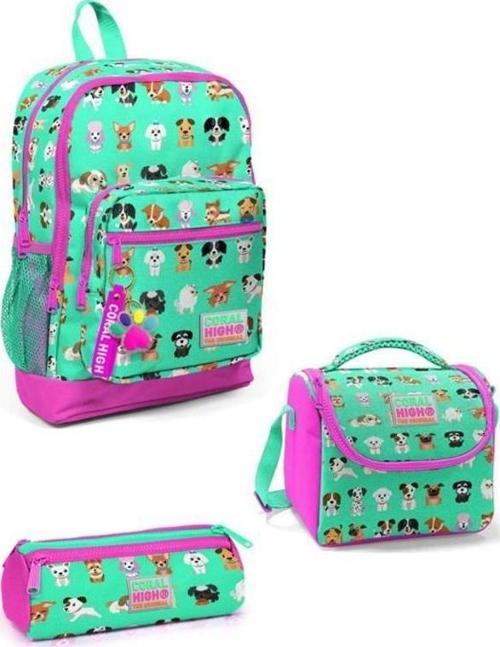 Kids Su Yeşili Neon Pembe Köpek Desenli 3’lü Okul Çanta Seti