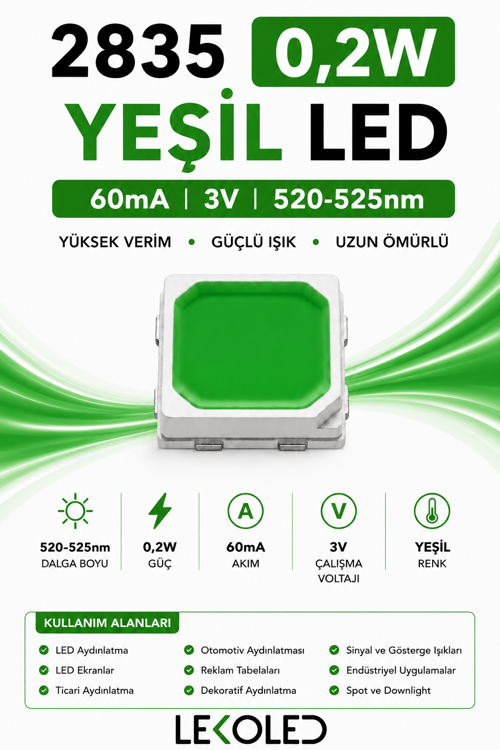 2835 Green LED Chip 3V 60mA 0,2W | Yeşil SMD LED 25000 adet