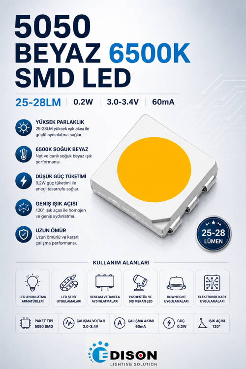 5050 BEYAZ 6500K SMD LED 1000 adet