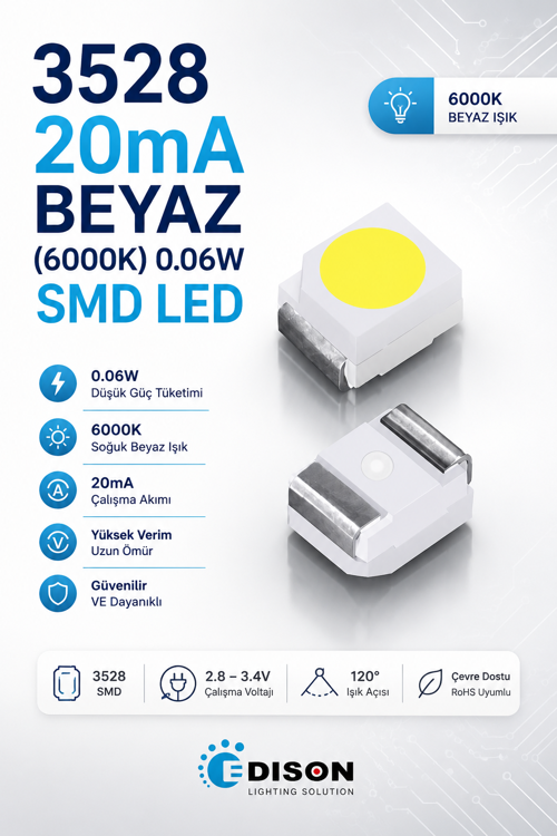 3528 20mA BEYAZ 6000K 0.06W SMD LED 2000 adet