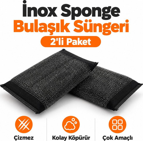 Inox 2'li Çelik Telli Bulaşık Süngeri Paslanmaz Dokulu Güçlü Çizmez Temizlik Süngeri