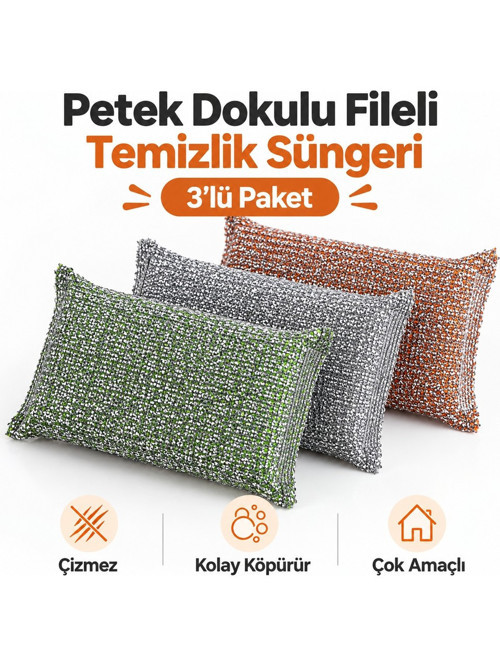 Fileli Petek Dokulu Telli Mikrofiber Mutfak Temizlik Süngeri 3 Adet Güçlü Köpüren