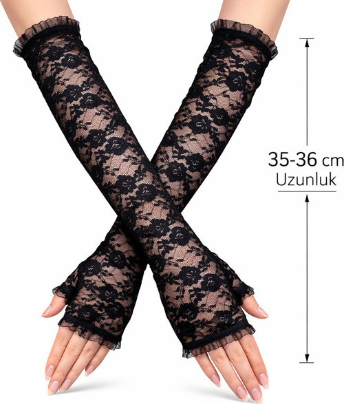 Uzun Zarif Dantel Eldiven Parmaksız Siyah 35 cm