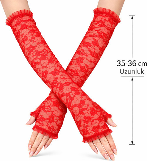 Uzun Zarif Dantel Eldiven Parmaksız Kırmızı 35 cm