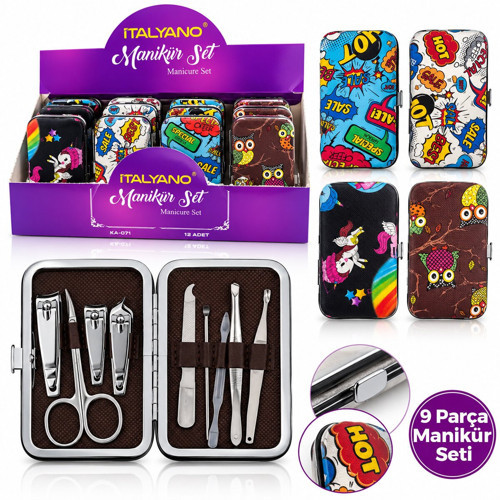 KA-071 8 Parça Manikür Pedikür Seti Krom Figürlü Çantalı- 12'li Paket