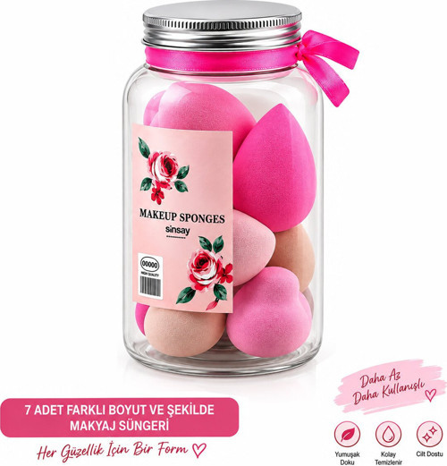 Makyaj Sünger Seti 7 Parça Plastik Kova ile Pratik Kullanım- 10'li Paket