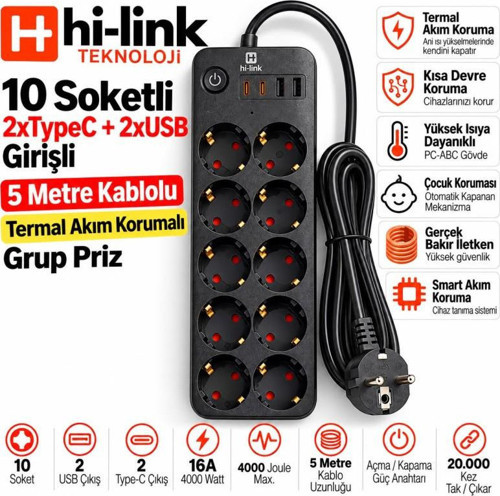 hi-link 10 Soketli 2xType-C +2xUSB Girişli 5 Metre Kablolu Akım Korumalı Grup Priz