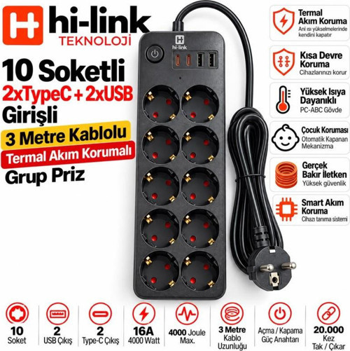 hi-link 10 Soketli 2xType-C +2xUSB Girişli 3 Metre Kablolu Akım Korumalı Grup Priz