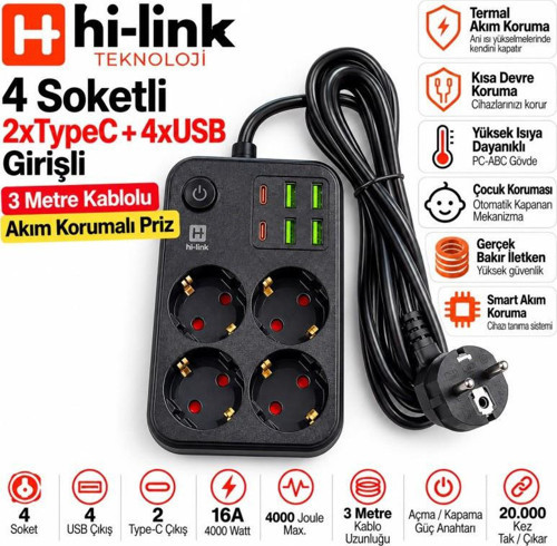 hi-link 4 Soketli 2xType-C +4xUSB Girişli 3 Metre Kablolu Akım Korumalı Priz