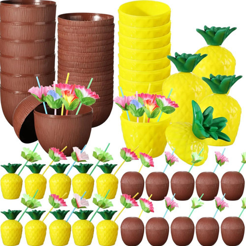 Tropikal Parti Bardak Seti – Ananas ve Hindistan Cevizi Şekilli Pipetli Bardaklar (20 Adet)