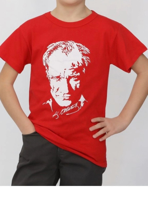 Atatürk Baskılı Kırmızı Çocuk Tişört Pamuklu Bisiklet Yaka Kısa Kollu Bayram Gösteri Tişörtü 29 Ekim, 23 Nisan, Milli Bayramlar