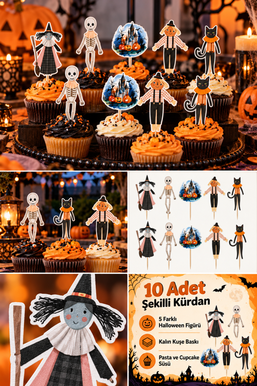 Halloween Kürdan Süsü 10'lu Kalın Kuşe Şekilli Cupcake Topper Cadılar Bayramı Pasta Süsü Seti